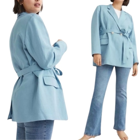 NWT H&M Light Blue Linen Belted Blazer Jacket Oversized Lined Size XSmall - Picture 2 of 16